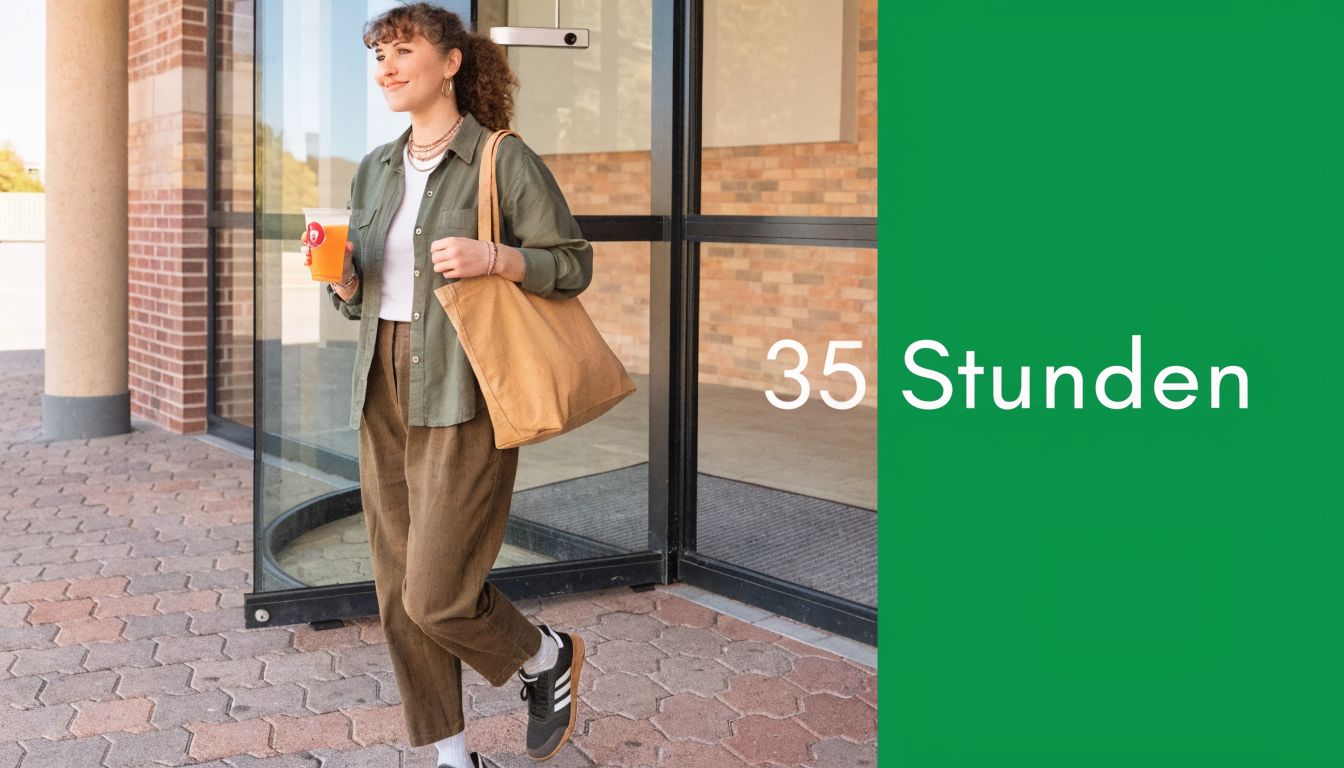 Eine junge Frau mit Getränk und Tasche geht lächelnd vor einem Gebäude in Richtung ihrer Arbeitsstelle.