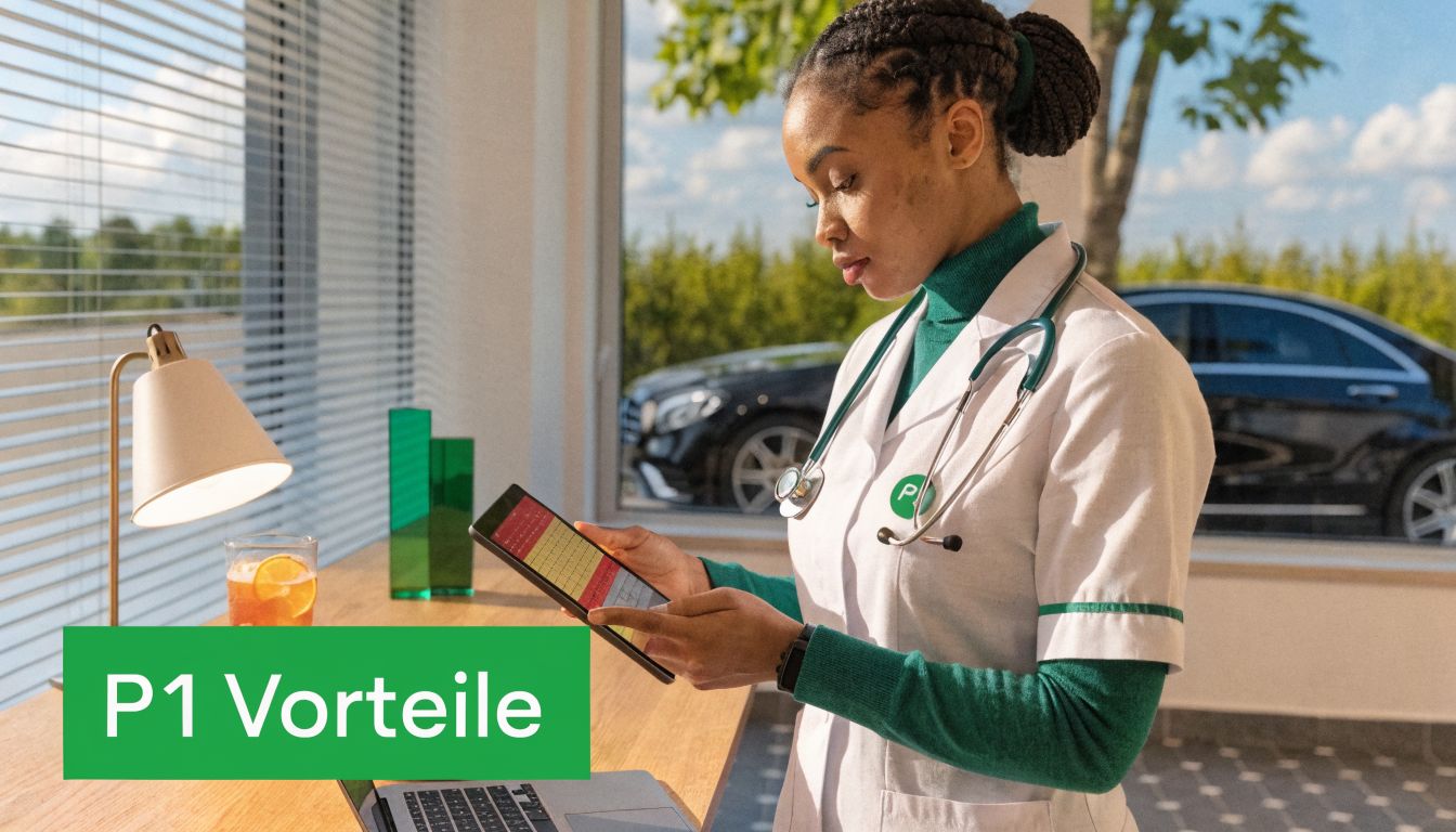 Eine Pflegerin mit Stethoskop betrachtet konzentriert digitale Gesundheitsdaten auf einem Tablet in einer modernen Praxisumgebung.