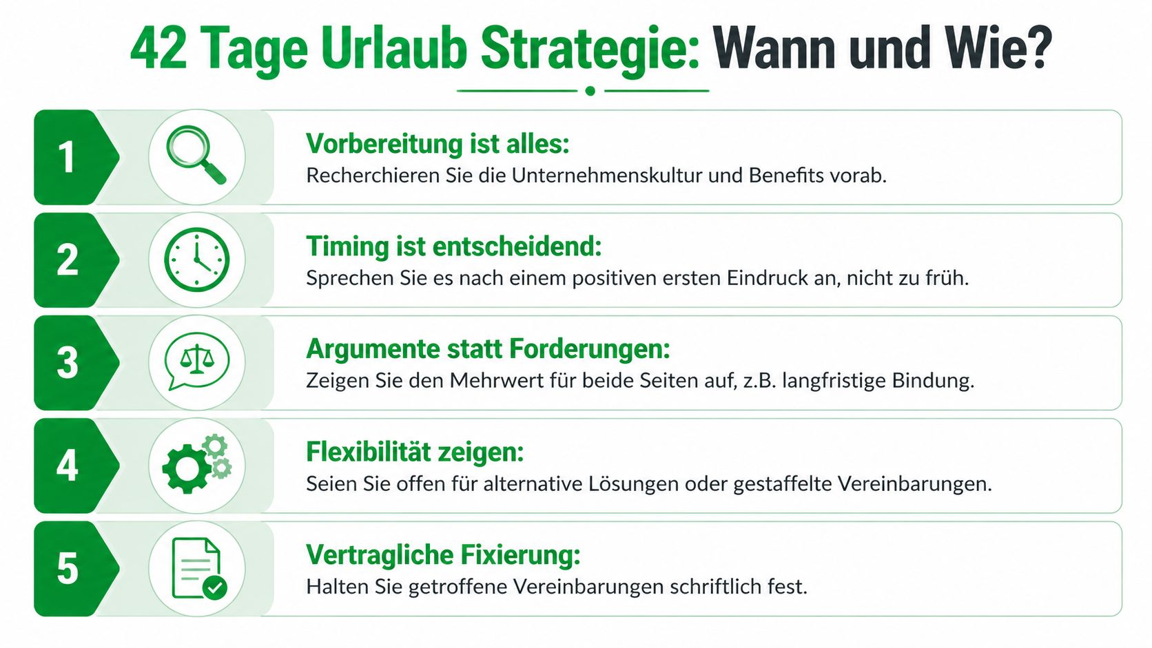 Eine Infografik mit fünf Schritten zur Strategie für 42 Tage Urlaub bei der Arbeitsplatzsuche und Verhandlung.