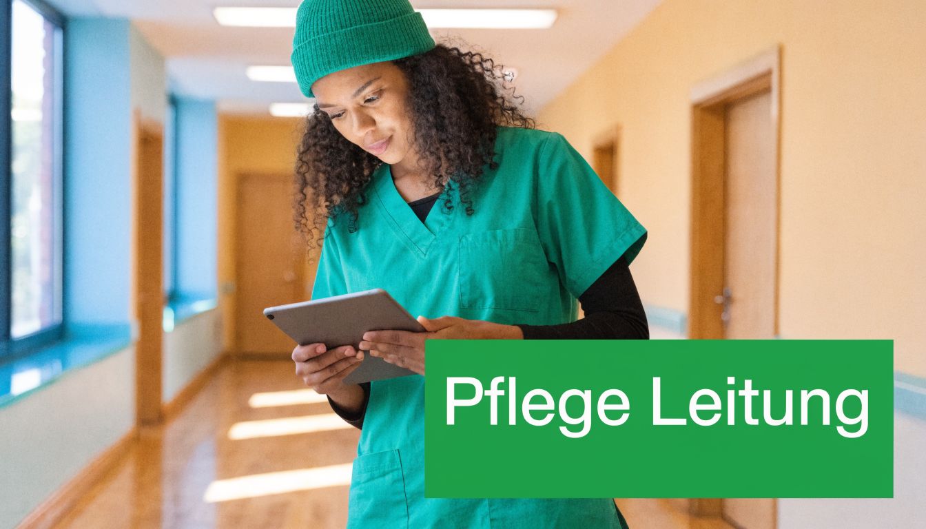 Eine junge Pflegefachkraft mit grüner Arbeitskleidung und Mütze nutzt in einem Krankenhausflur ein digitales Tablet zur Patientenverwaltung.