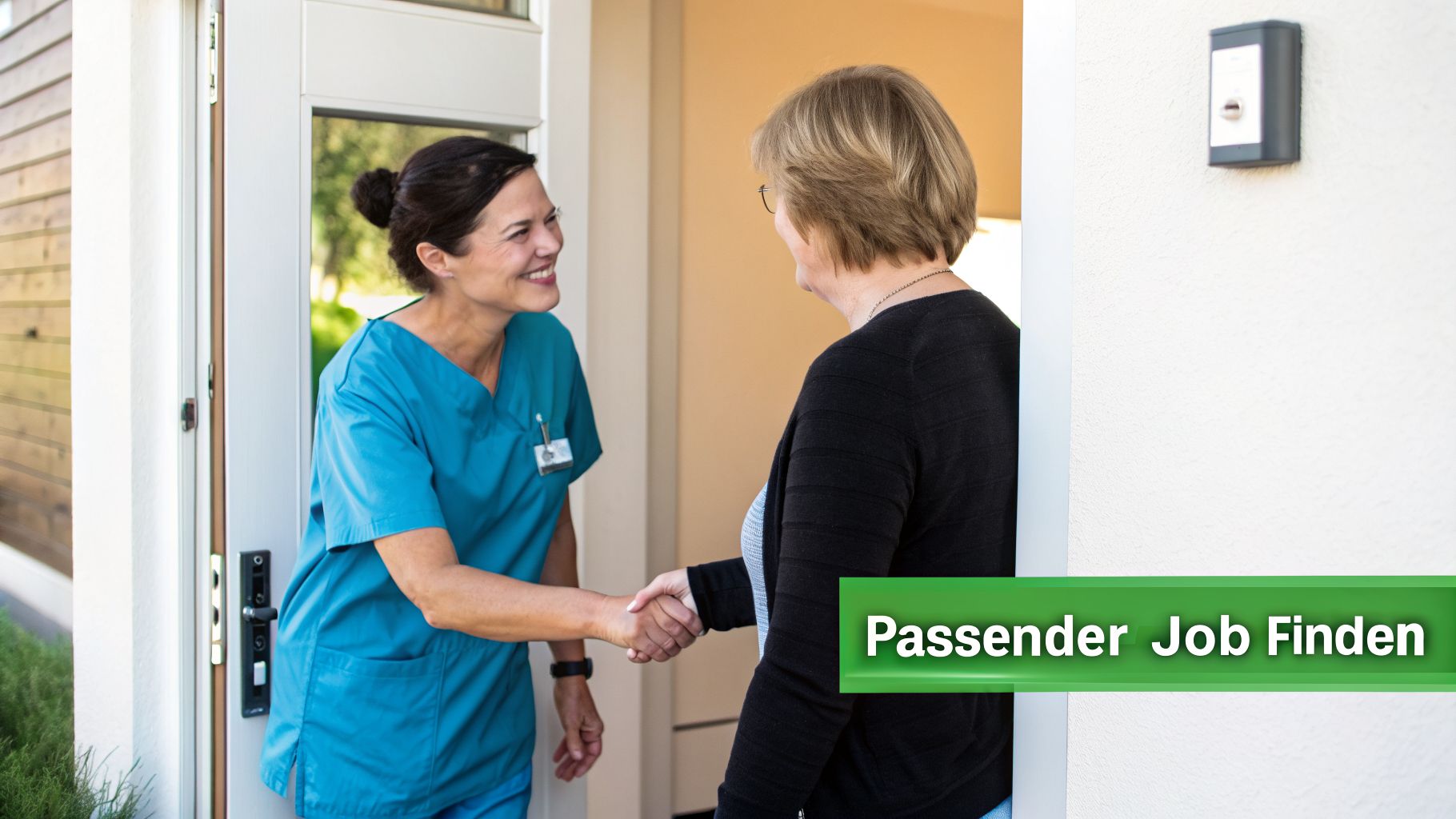 Eine lächelnde Pflegekraft in blauer Uniform schüttelt einer älteren Patientin am Hauseingang die Hand.