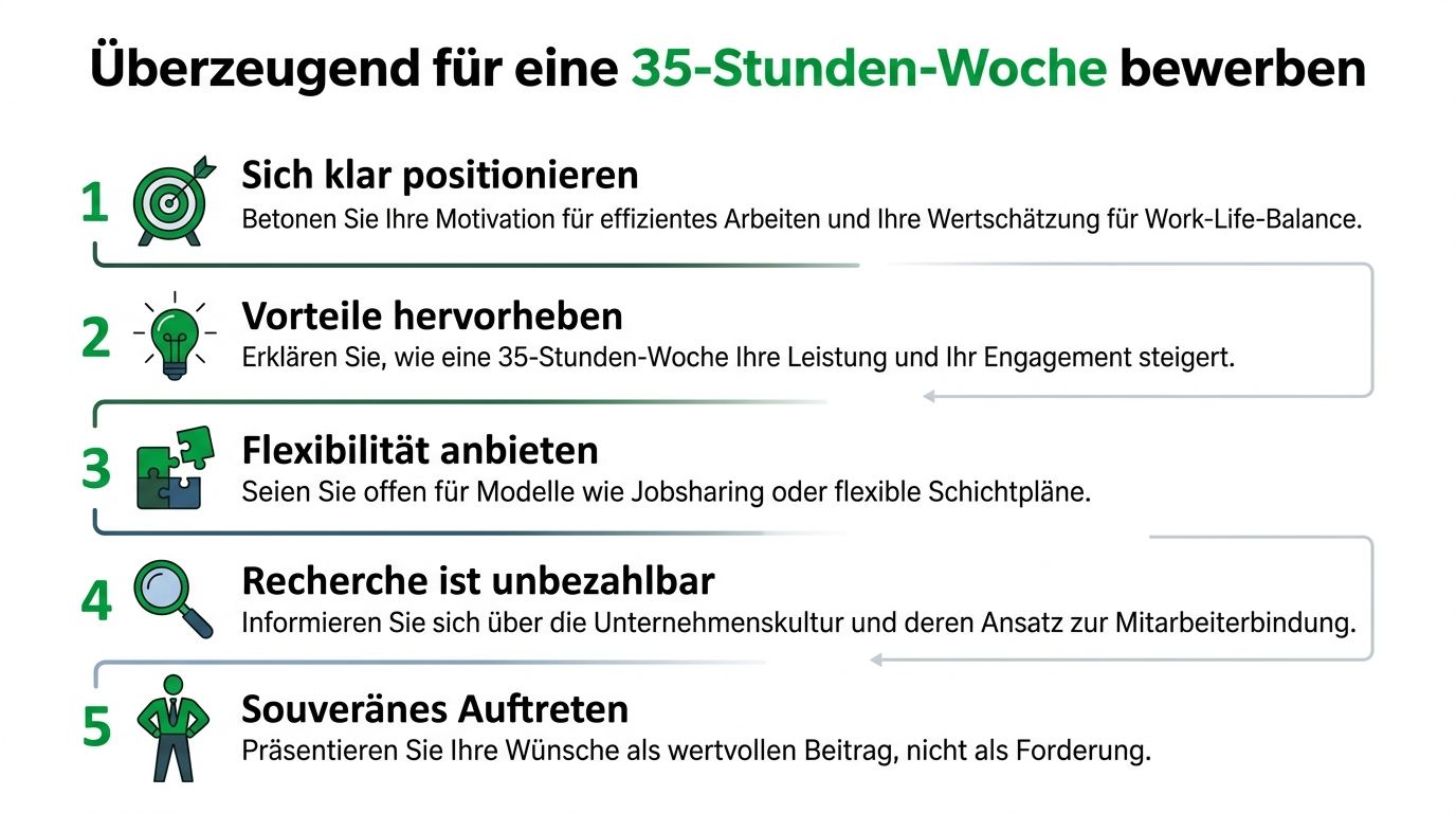 Eine Infografik mit fünf Tipps für eine erfolgreiche Bewerbung um eine 35-Stunden-Woche im Beruf.