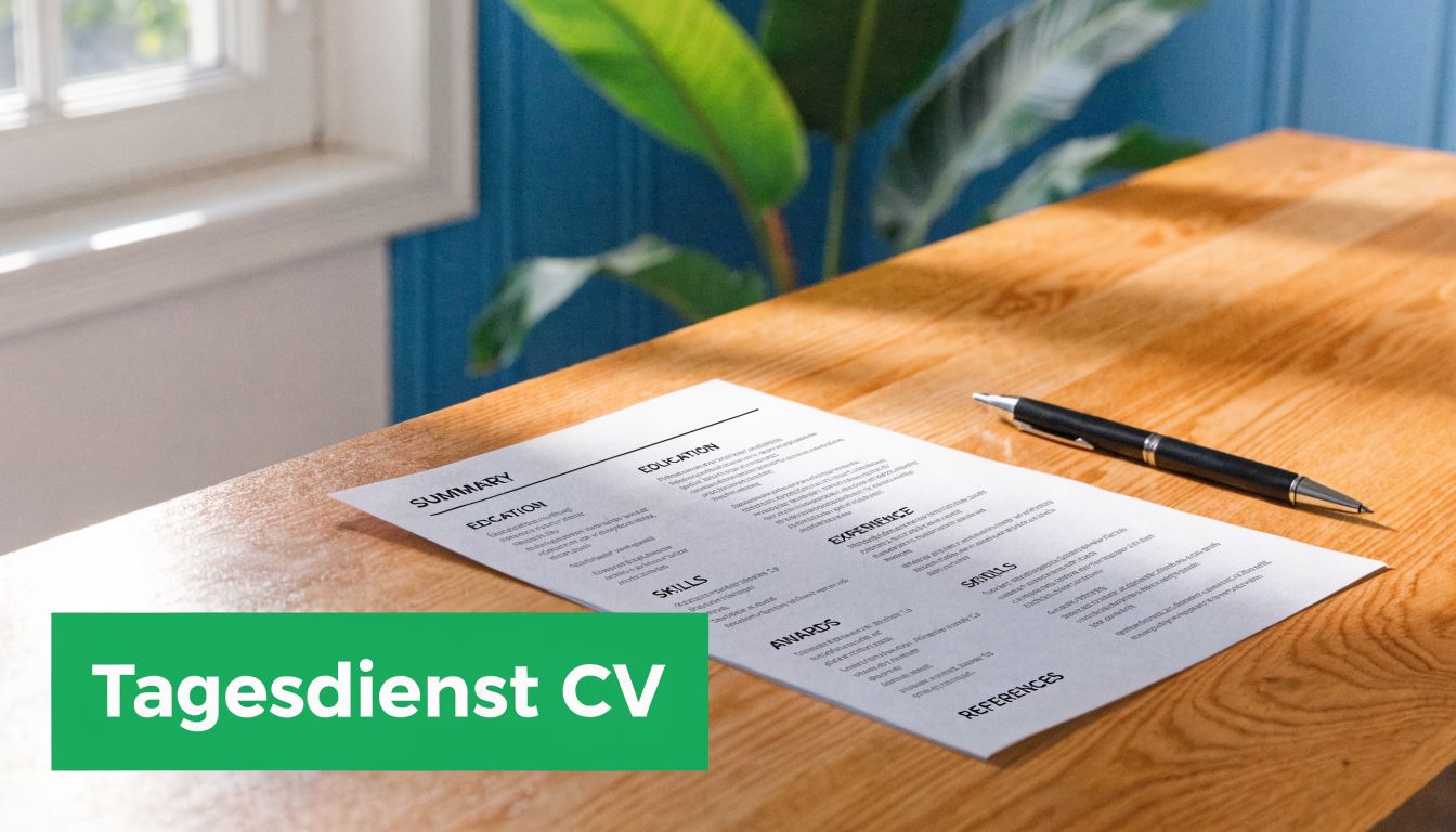 Ein Lebenslauf für eine Stelle im Tagesdienst liegt auf einem Schreibtisch mit einem Stift bereit.