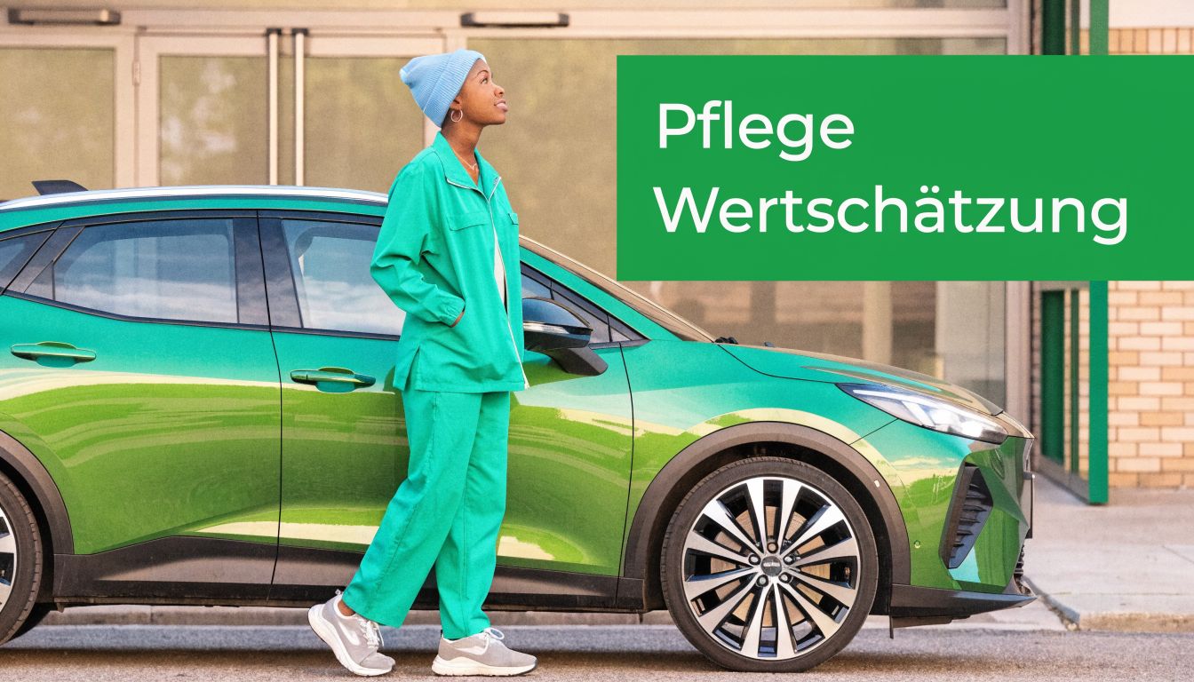 Eine junge Frau in grüner Arbeitskleidung steht neben einem grünen Auto vor einem modernen Klinikgebäude.