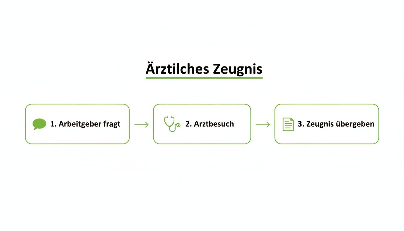 Flussdiagramm: Prozess zum Erhalt eines ärztlichen Zeugnisses für den Arbeitgeber mit den Schritten Anfrage, Arztbesuch und Übergabe.