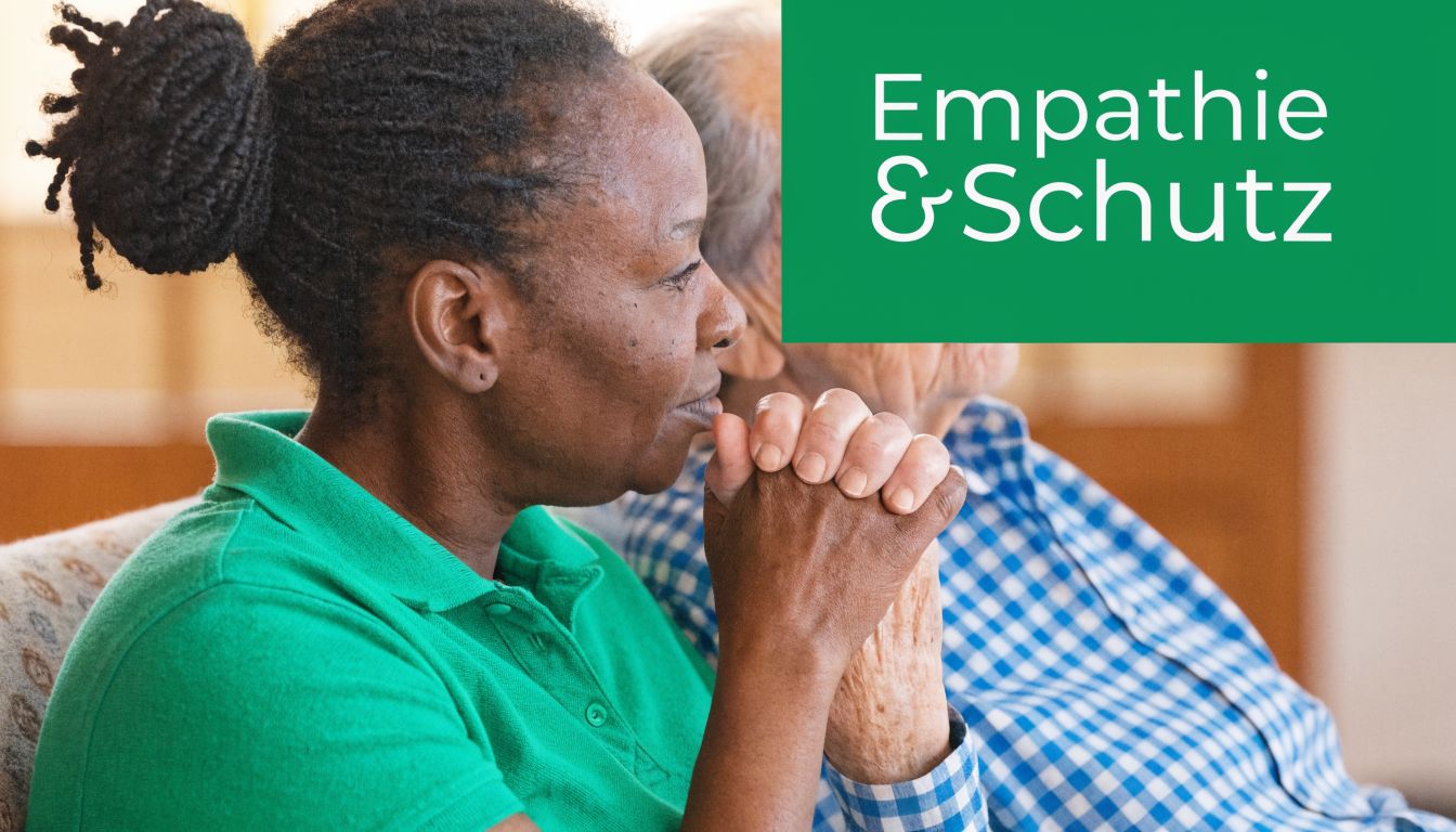 Eine Pflegerin hält mitfühlend die Hände eines älteren Menschen, um Empathie und Unterstützung auszudrücken.