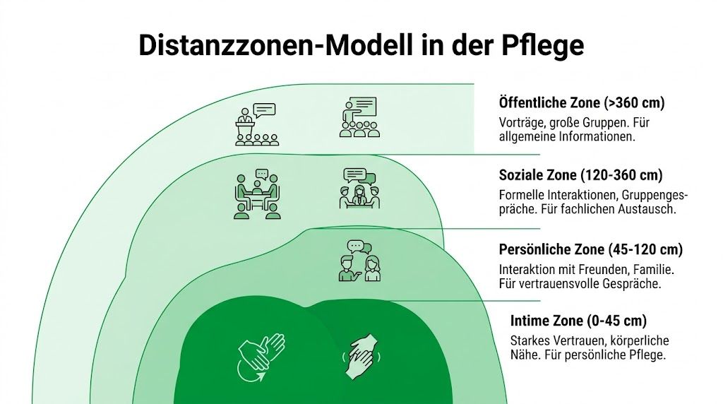 Grafik zeigt das Distanzzonen-Modell in der Pflege mit vier verschiedenen Zonen, von der intimen bis zur öffentlichen Zone.
