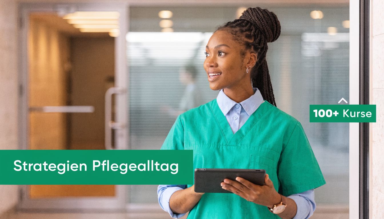 Eine professionelle Pflegekraft in grüner Arbeitskleidung hält ein Tablet und blickt nachdenklich in die Ferne.