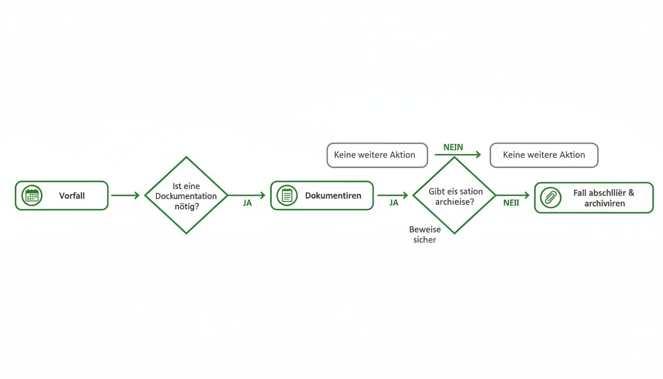 Flussdiagramm zur Bearbeitung eines Vorfalls, einschließlich Dokumentation, Beweissicherung und Fallabschluss.
