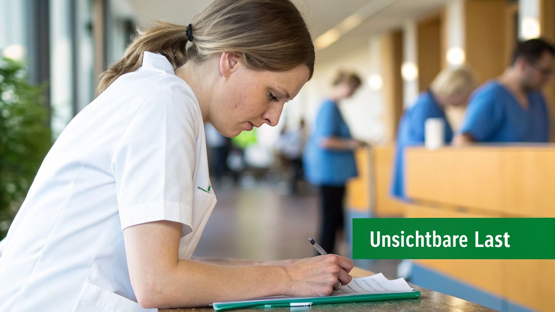 Eine junge, konzentrierte Pflegekraft in Weiß schreibt Notizen an einem Schreibtisch im Krankenhaus.