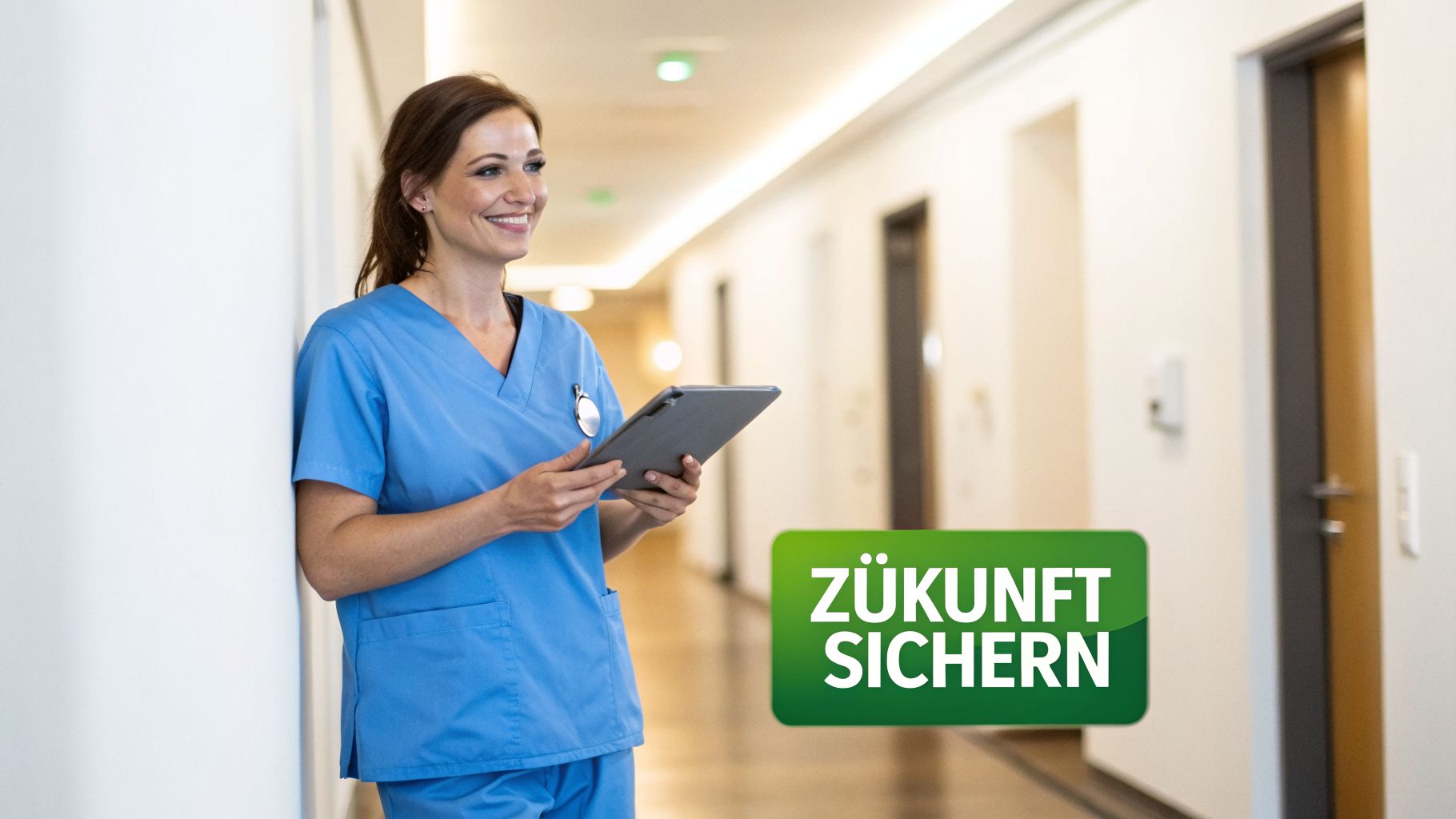 Eine lächelnde Krankenschwester in blauer Uniform lehnt in einem Flur und hält ein Tablet.