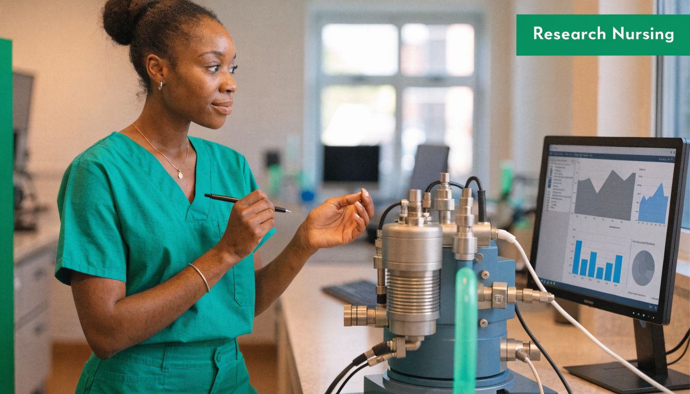 Eine Forschungspflegerin in grüner Kleidung analysiert Labordaten auf einem Computermonitor neben einem medizinischen Gerät.