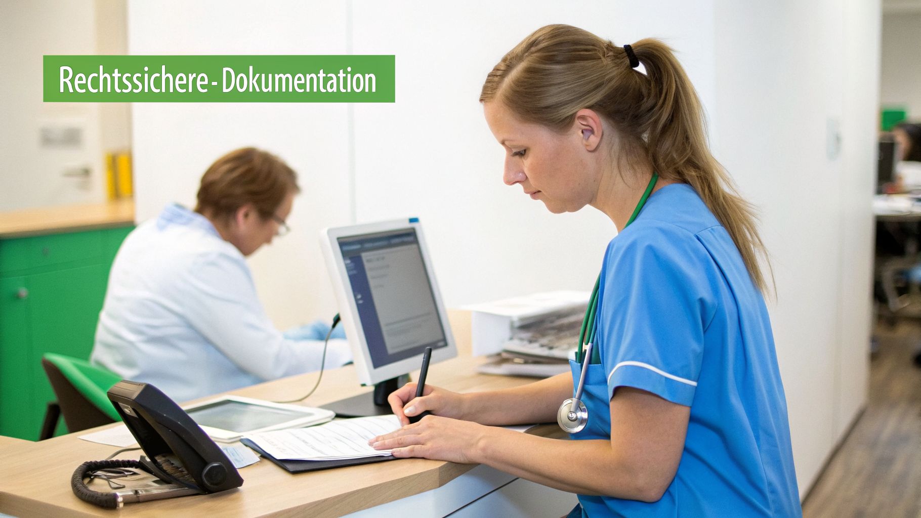 Medizinische Fachkraft dokumentiert Patientenakten am Schreibtisch, mit Fokus auf rechtssichere Dokumentation.