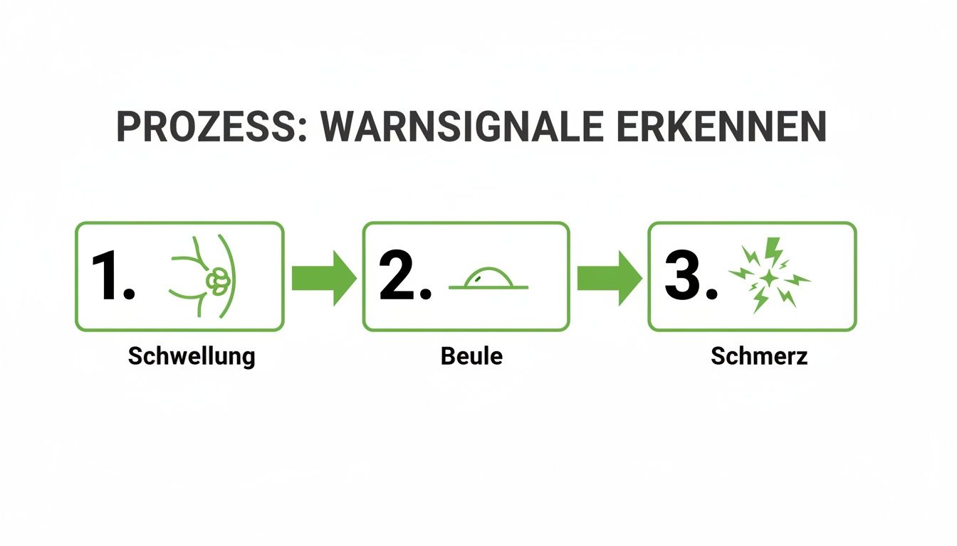 Ein Diagramm zeigt den Prozess des Erkennens von Warnsignalen: 1. Schwellung, 2. Beule, 3. Schmerz.