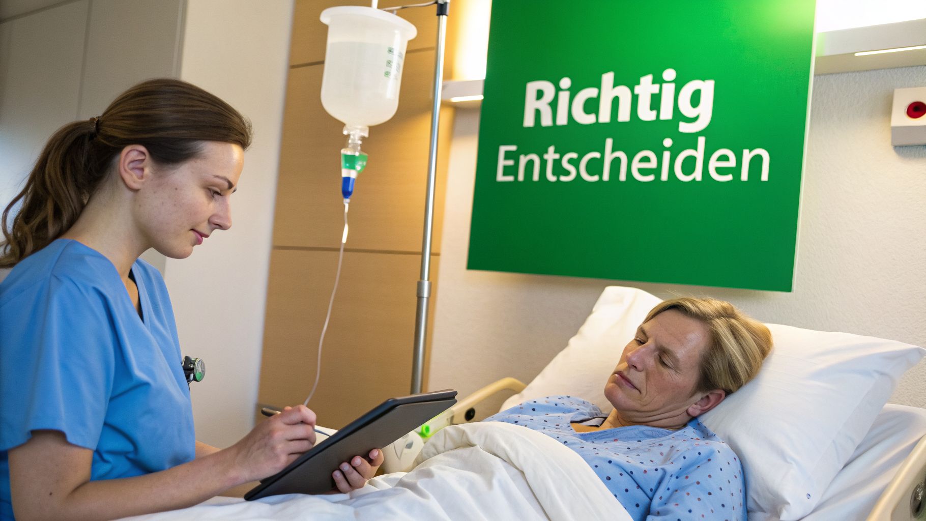 Eine Krankenschwester schreibt auf einem Tablet neben einer Patientin im Krankenhausbett mit Infusion.