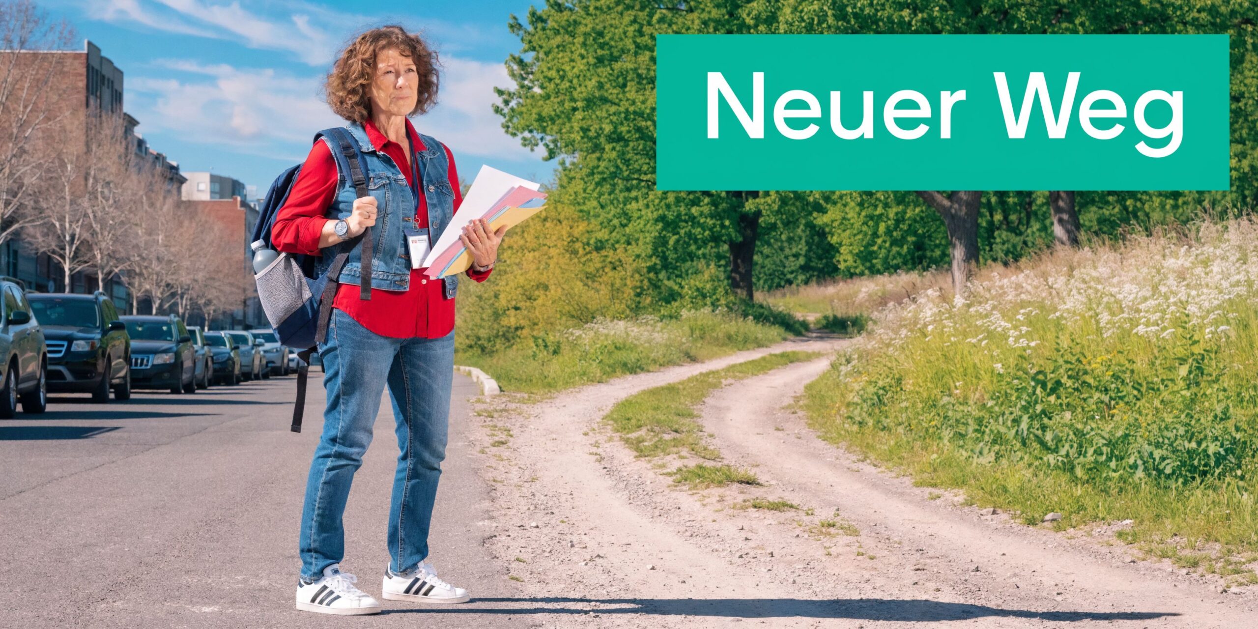 Eine Frau mit Rucksack und Unterlagen steht an einem Übergang zwischen städtischer Straße und einem ländlichen Waldweg.