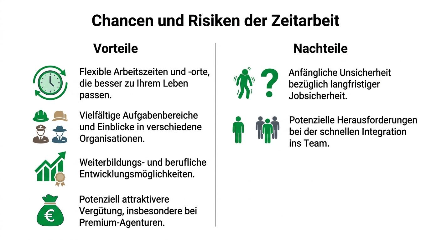 Eine Infografik über Chancen und Risiken der Zeitarbeit, aufgeteilt in Vorteile und Nachteile mit entsprechenden Icons.