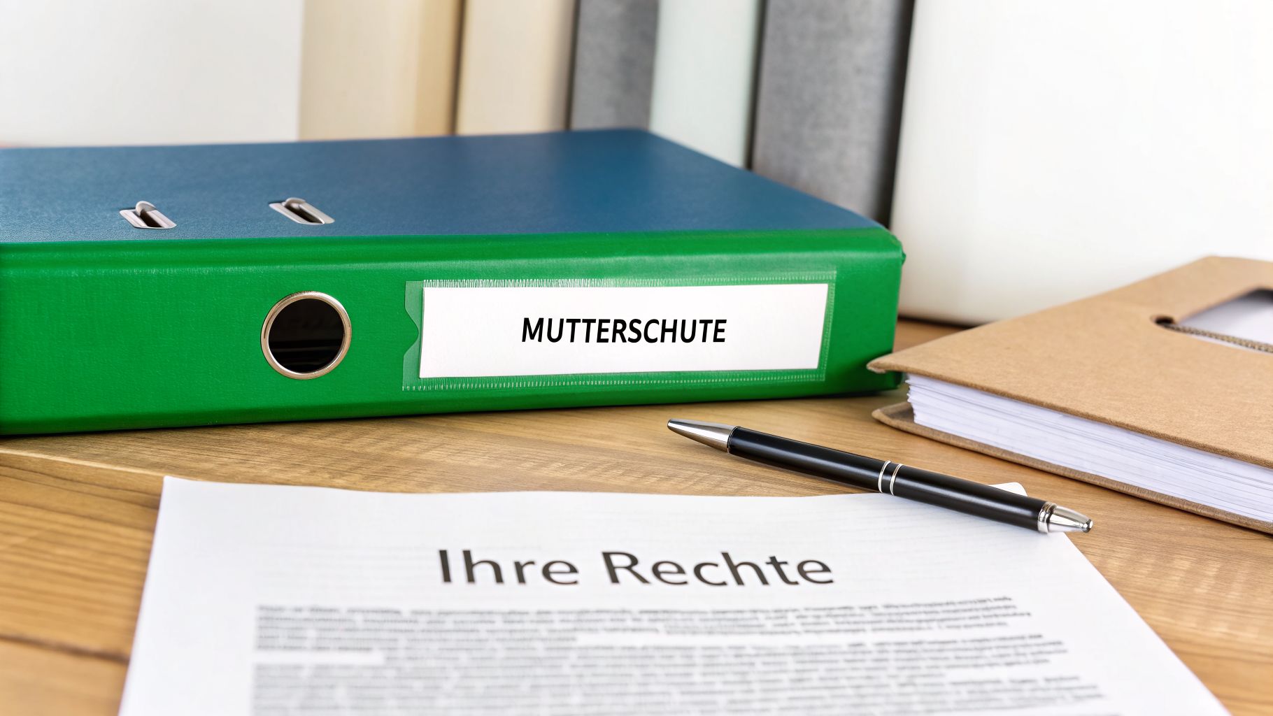 Grüner Aktenordner mit der Aufschrift „Mutterschutz“, daneben ein Dokument „Ihre Rechte“ und ein Stift auf einem Schreibtisch.