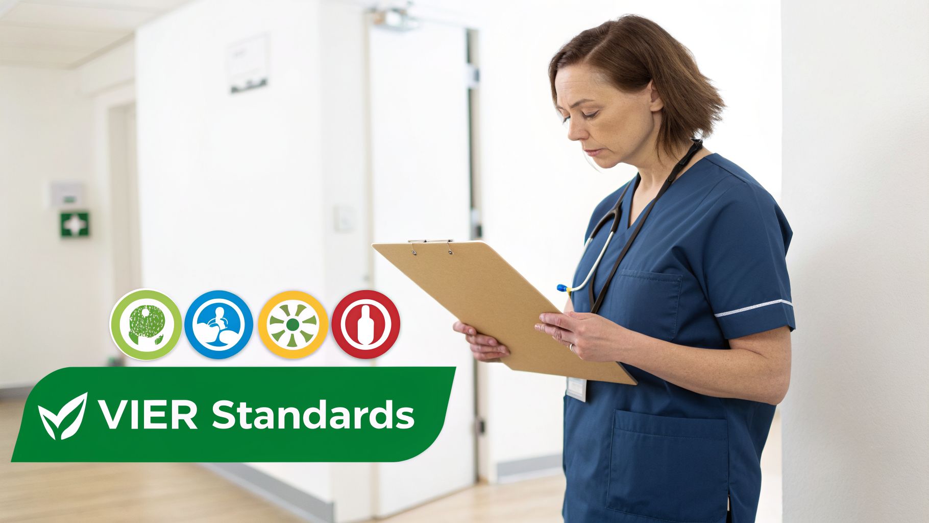Eine Pflegefachkraft in blauer Berufskleidung liest auf einem Klemmbrett. Das Logo „VIER Standards“ mit Icons ist links sichtbar.