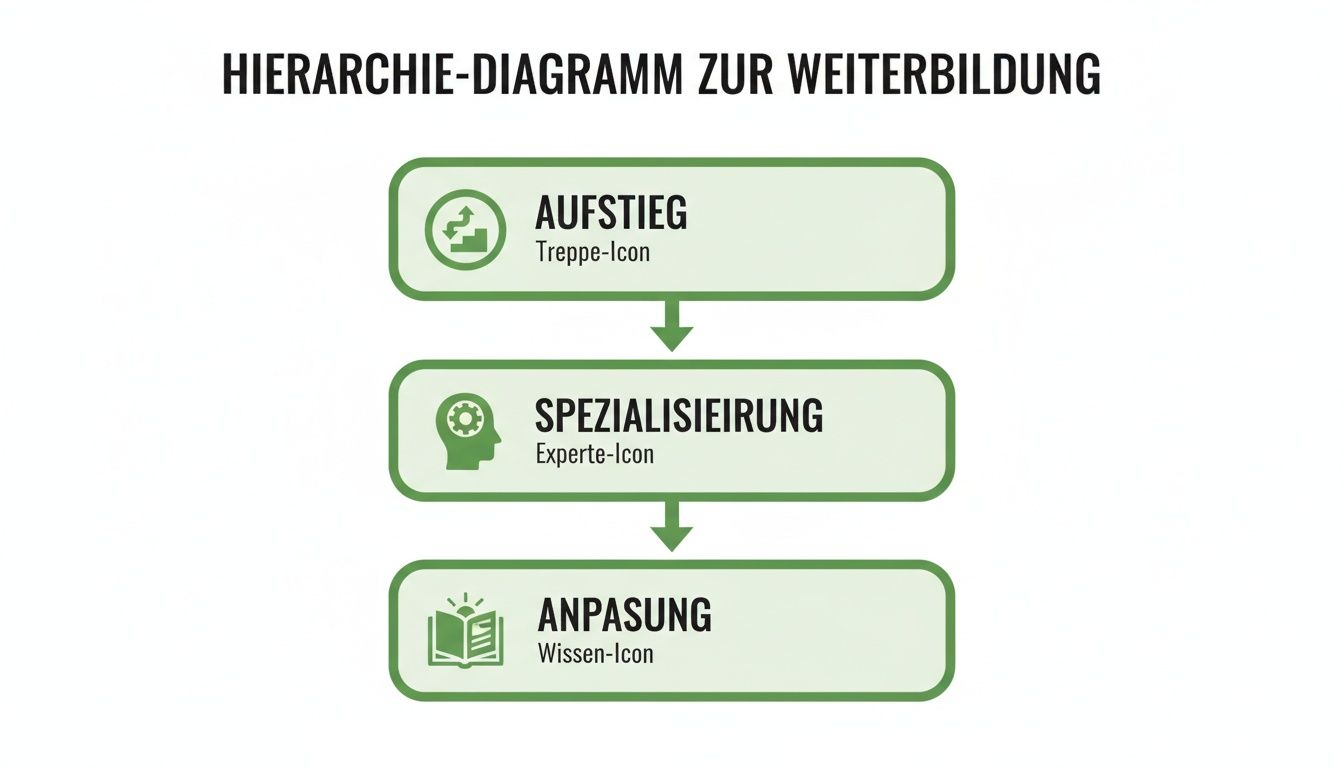 Hierarchiediagramm zur Weiterbildung mit den Schritten Aufstieg, Spezialisierung und Anpassung, visualisiert mit entsprechenden Icons.