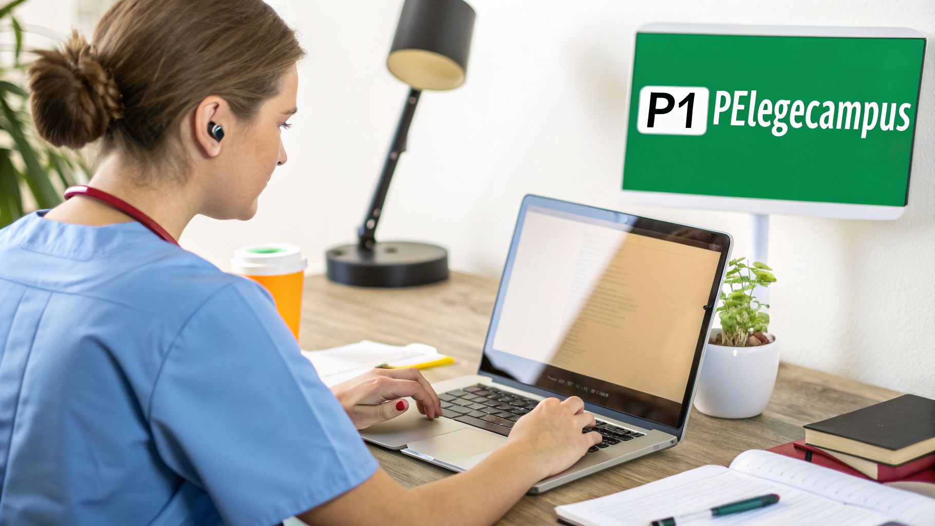 Pflegefachkraft lernt online am Laptop, mit externem Monitor, der 'P1 Pflegecampus' anzeigt.