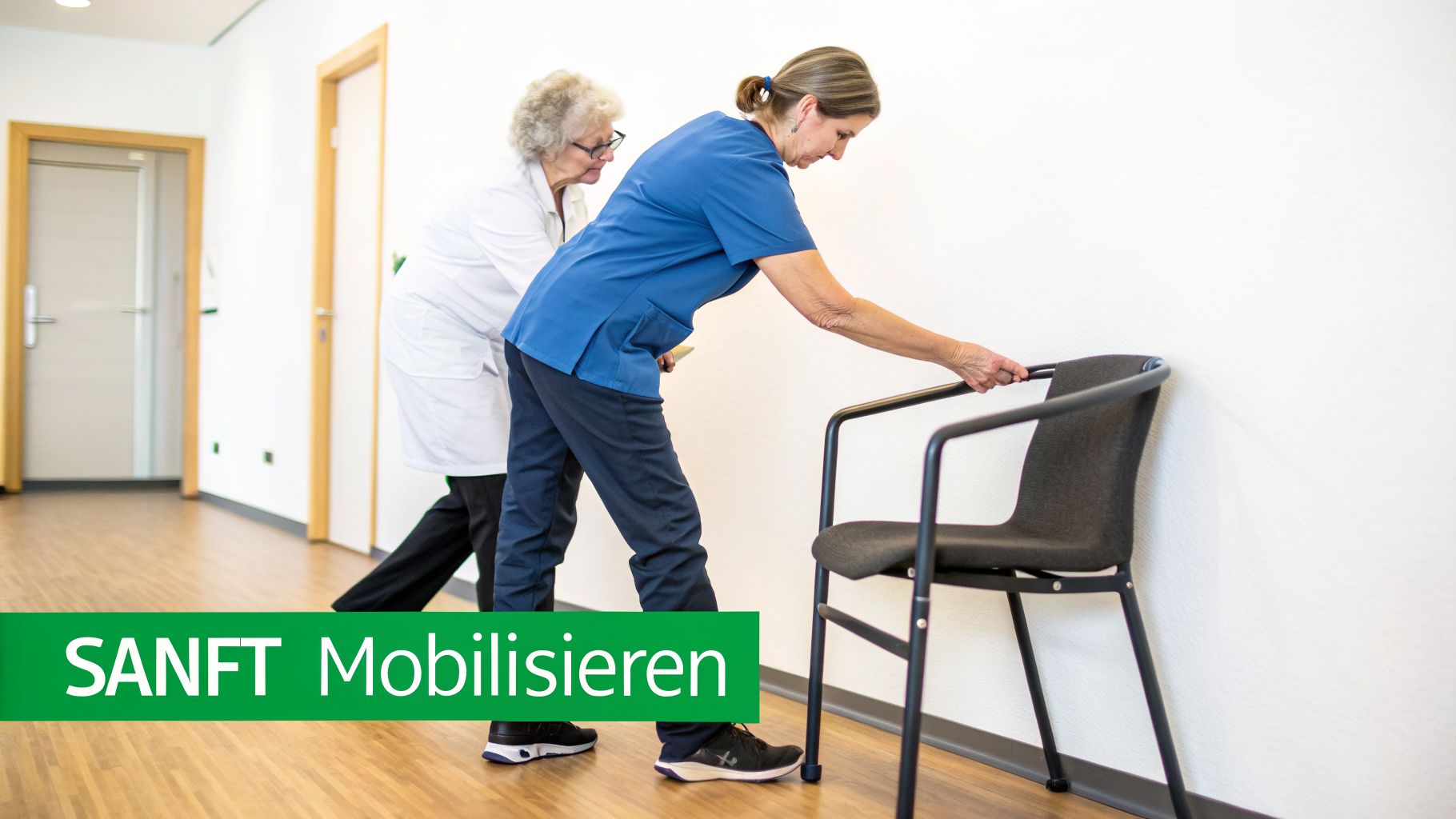 Eine Pflegekraft in blau hilft einer älteren Frau beim Mobilisieren eines Stuhls in einem hellen Flur.