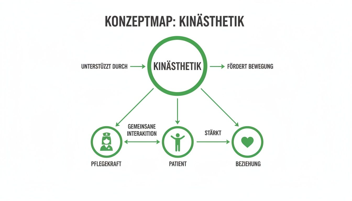 Konzeptkarte über Kinästhetik, die ihre Rolle bei der Unterstützung von Bewegung und der Stärkung der Beziehung zwischen Pflegekraft und Patient zeigt.