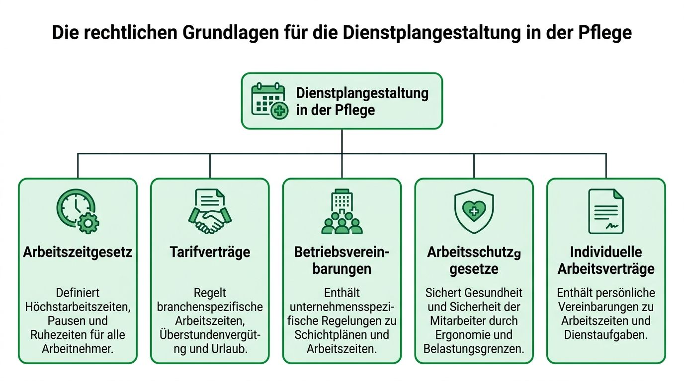 Übersichtsgrafik der fünf wichtigsten rechtlichen Grundlagen für die professionelle Dienstplangestaltung im Bereich der Pflege.