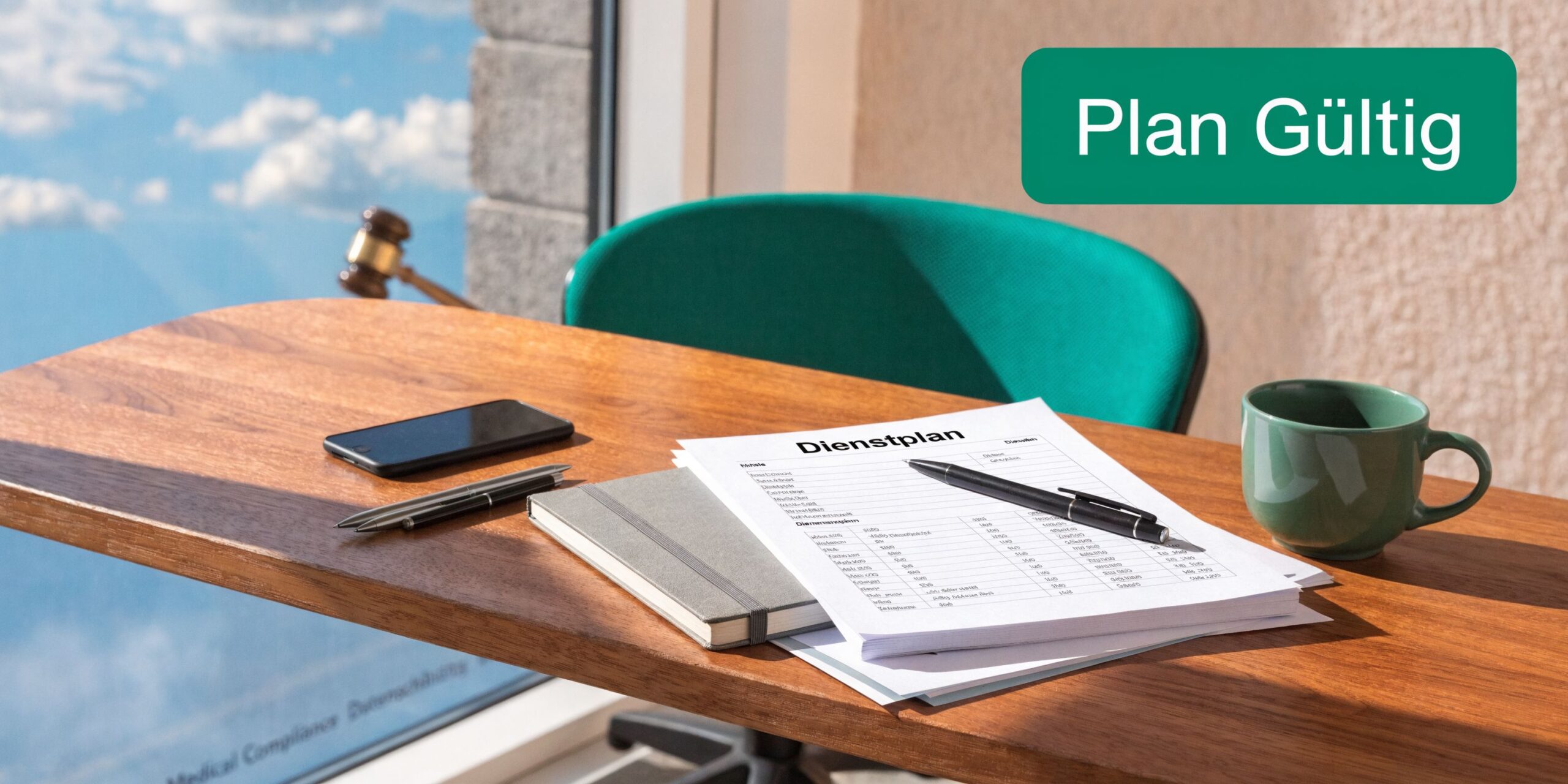 Ein Schreibtisch mit Dienstplan, Stiften, Smartphone, Notizbuch und einer Tasse vor einem Fenster mit blauem Himmel.