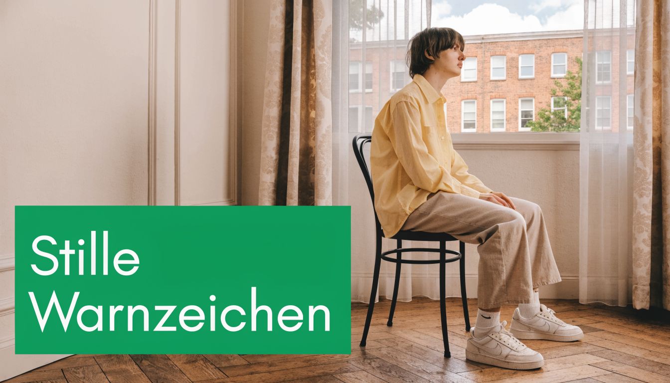 Ein nachdenklicher junger Mann sitzt allein auf einem schwarzen Stuhl vor einem Fenster in einem ruhigen Raum.