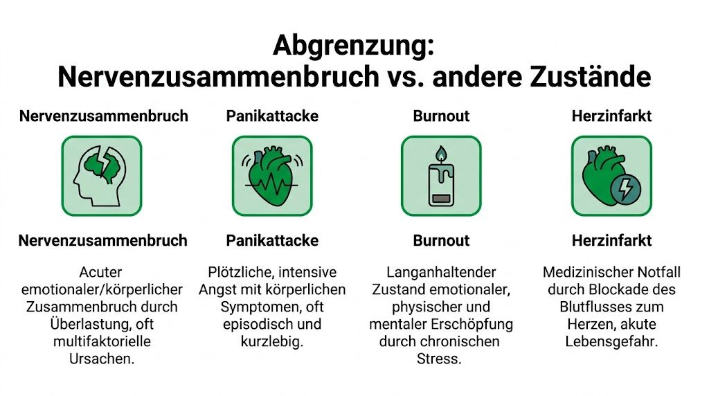 Grafik zur Abgrenzung von Nervenzusammenbruch gegenüber Panikattacke, Burnout und Herzinfarkt mit erklärenden Definitionen der jeweiligen Zustände.