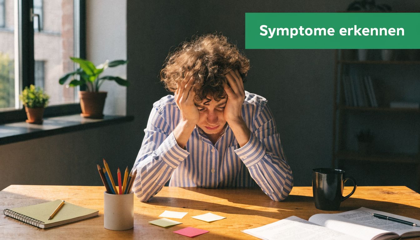 Ein junger Mann sitzt frustriert und gestresst mit dem Kopf in den Händen an seinem Schreibtisch.