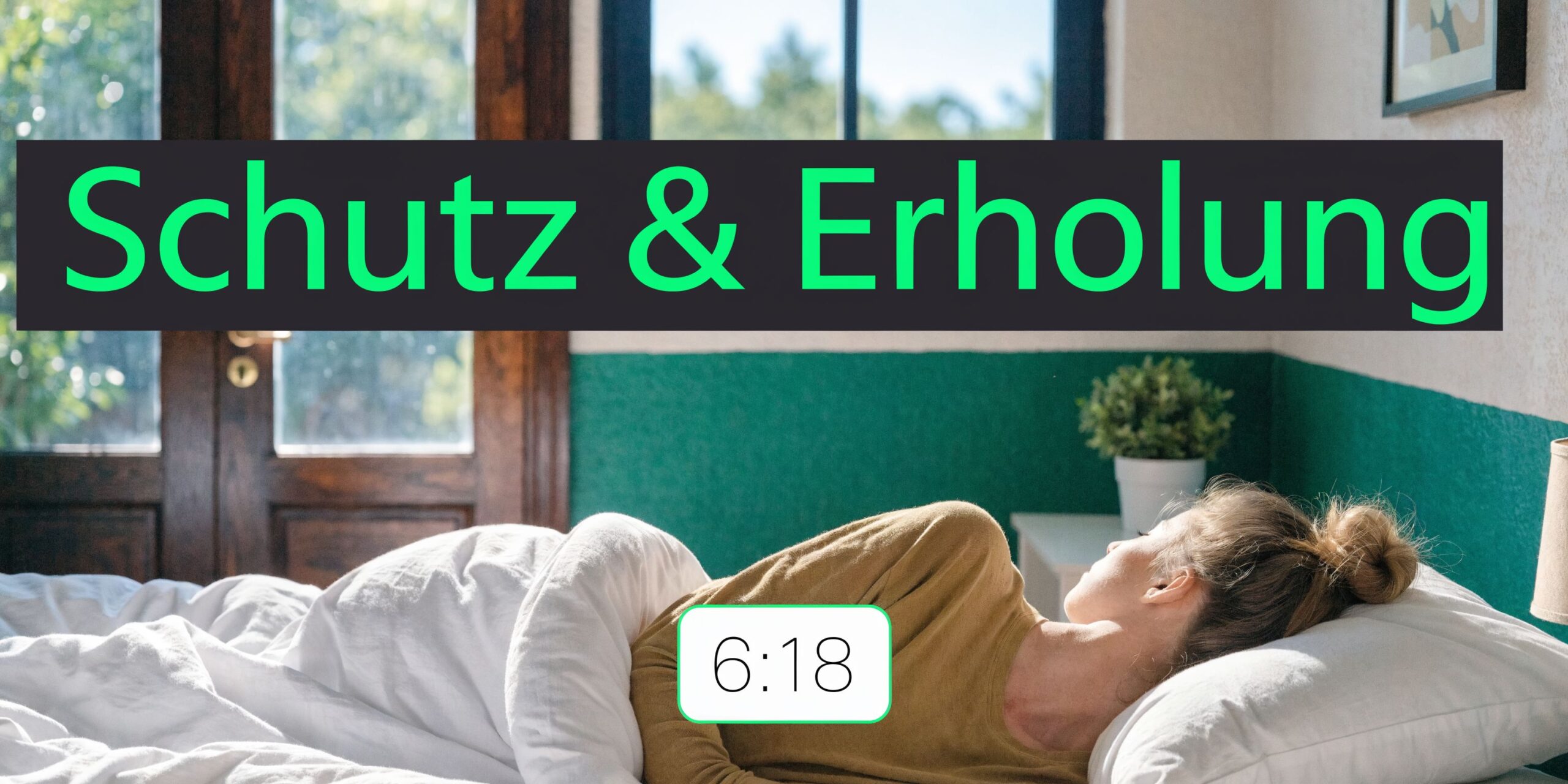 Eine junge Frau schläft friedlich in einem hellen Schlafzimmer, umgeben von Schutz und Erholung.