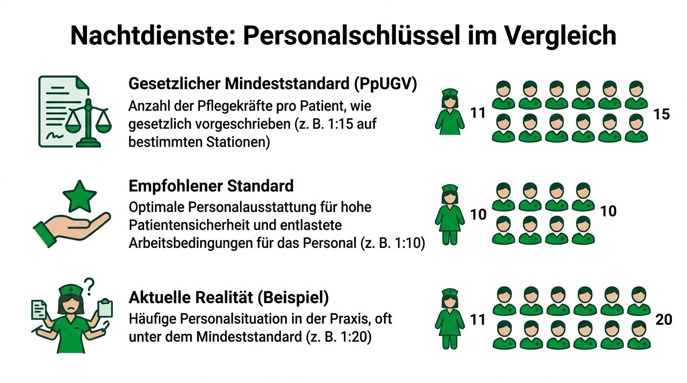 Vergleich der Personalschlüssel im Nachtdienst zwischen gesetzlichem Mindeststandard, empfohlenem Standard und der aktuellen schwierigen pflegerischen Realität.