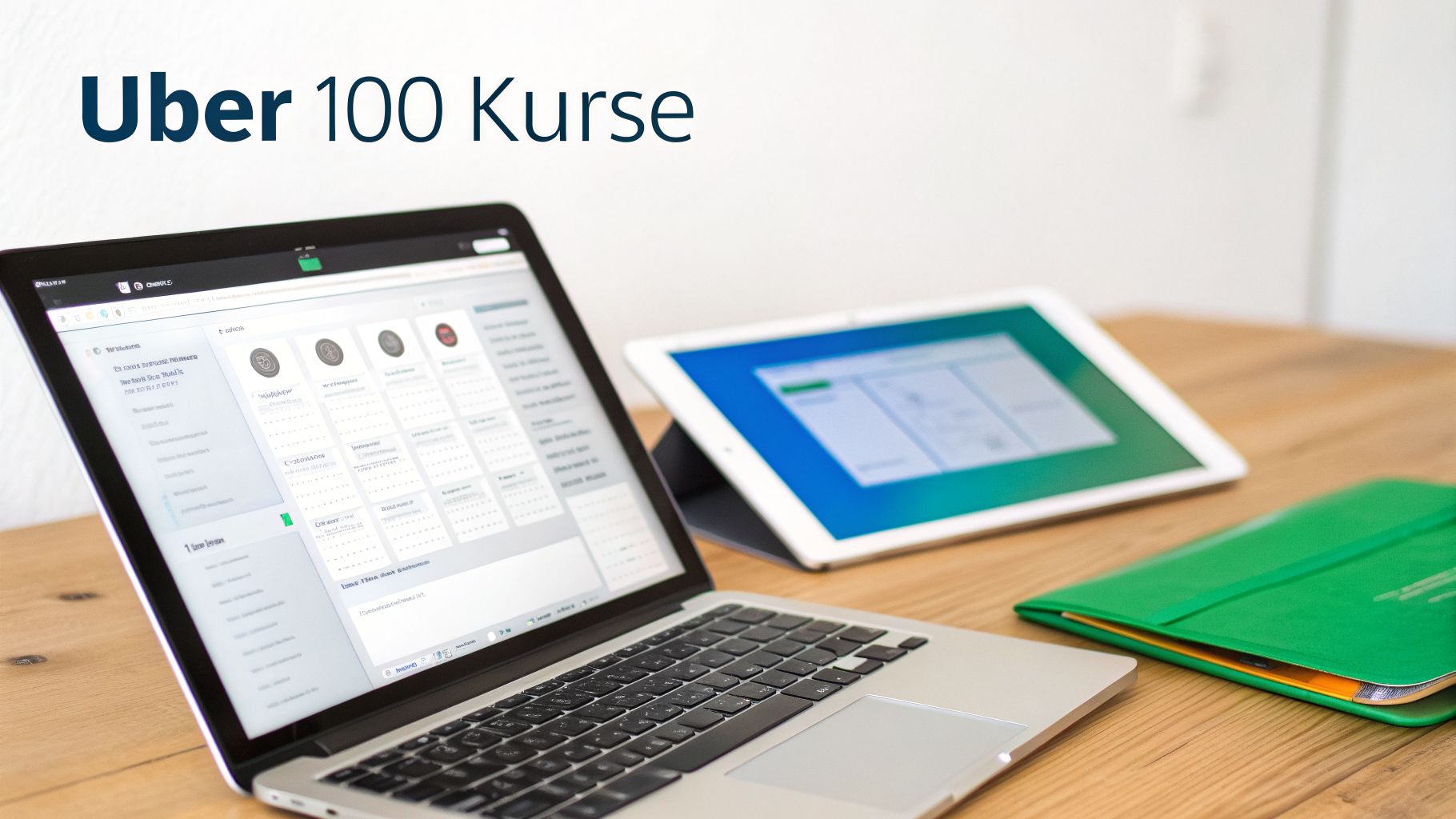 Laptop und Tablet auf Holztisch mit E-Learning-Oberflächen und Text 'Uber 100 Kurse'.