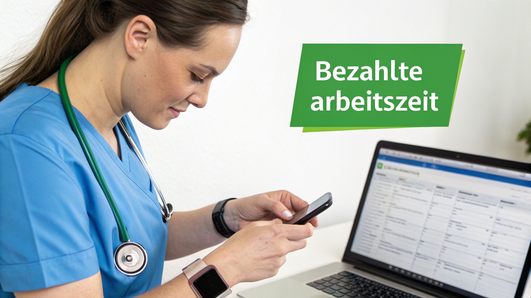 Eine Pflegekraft am Schreibtisch nutzt Smartphone und Laptop für ihre Arbeit, mit dem Text "Bezahlte Arbeitszeit".