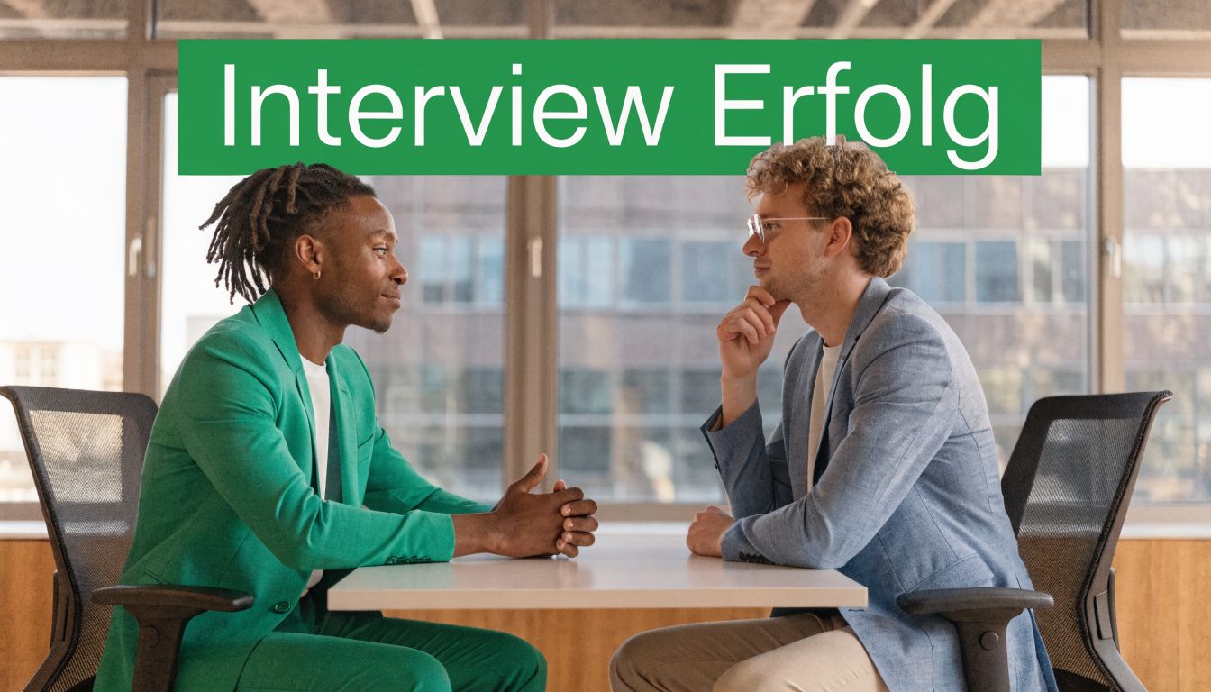 Ein schwarzer Mann und ein weißer Mann sitzen während eines Vorstellungsgesprächs in einem hellen Büro gegenüber.