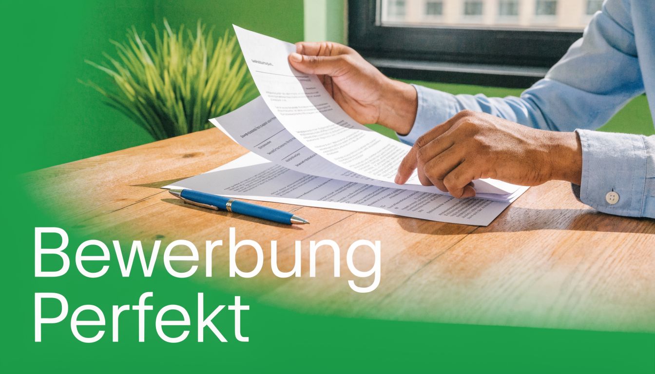 Eine Person sitzt an einem Holztisch und prüft eine gedruckte Bewerbung für einen Pflegejob mit Dienstwagen.