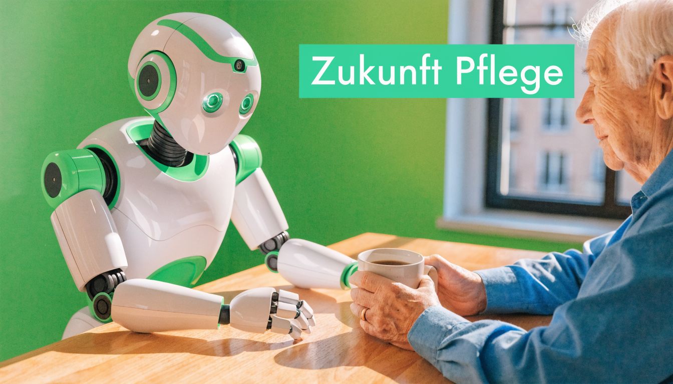 Ein weißer, freundlicher Pflegeroboter mit grünen Details sitzt mit einem älteren Mann an einem Holztisch zusammen.