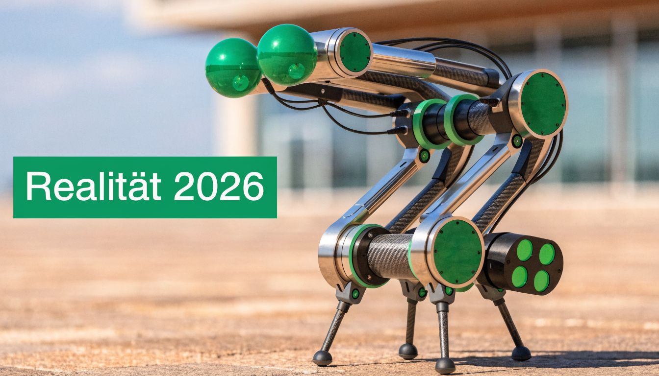 Ein futuristischer, vierbeiniger Roboter aus Metall und Karbon steht auf einer ebenen Fläche in der Sonne.