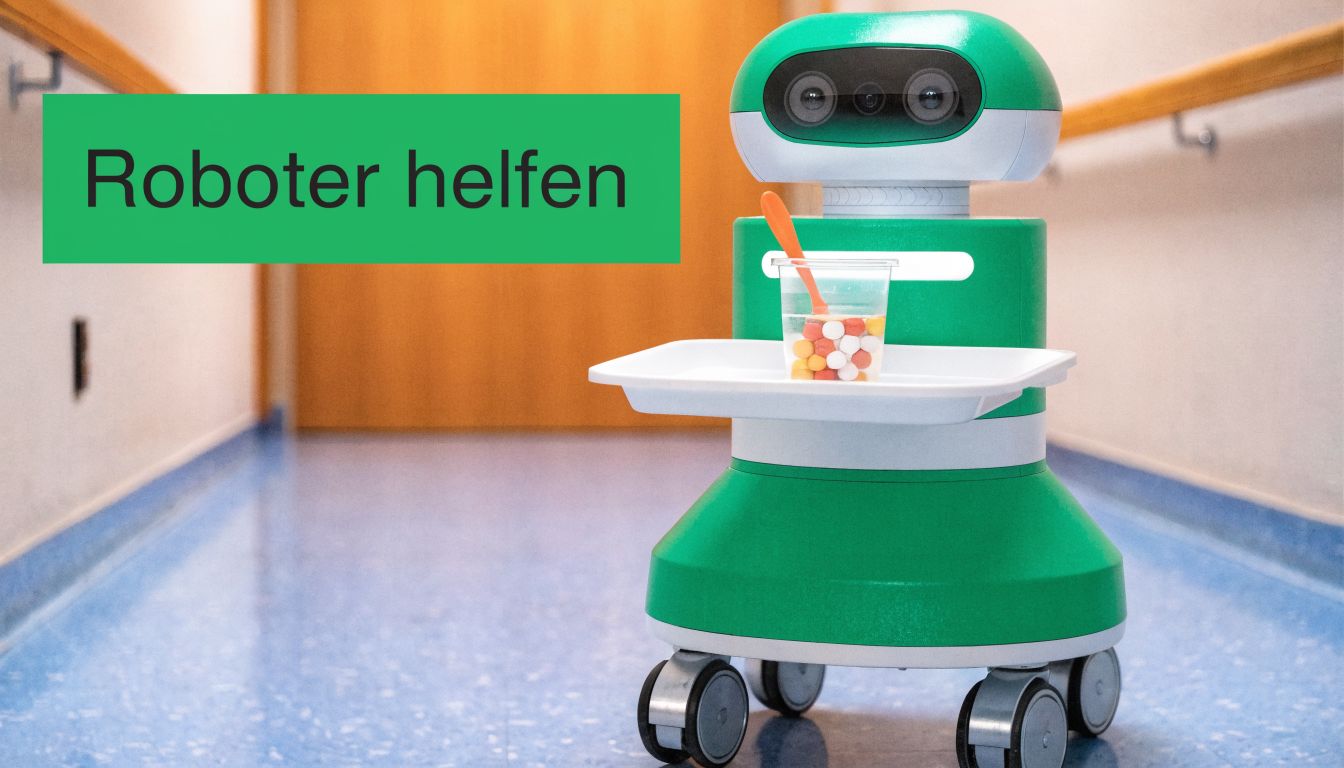 Ein grüner Serviceroboter fährt auf einem Krankenhausflur mit einem Tablett voller Medikamente und einem Löffel.