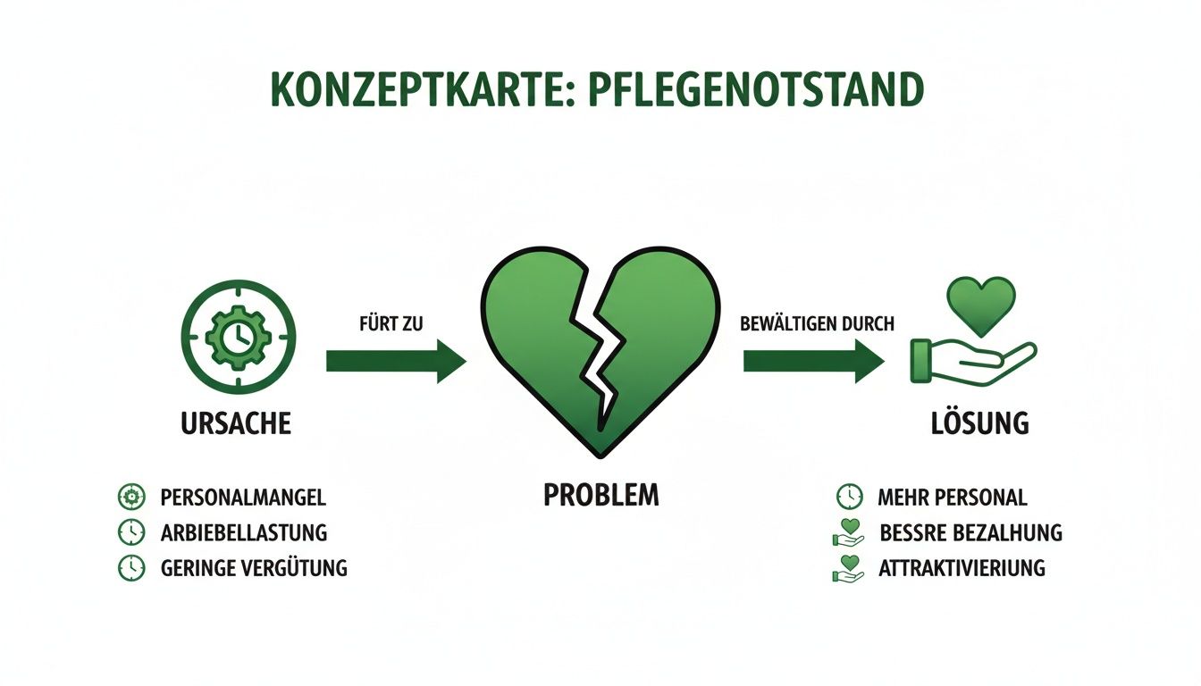 Konzeptkarte zum Pflegenotstand, zeigt Ursachen, das Problem eines gebrochenen Herzens und mögliche Lösungen.
