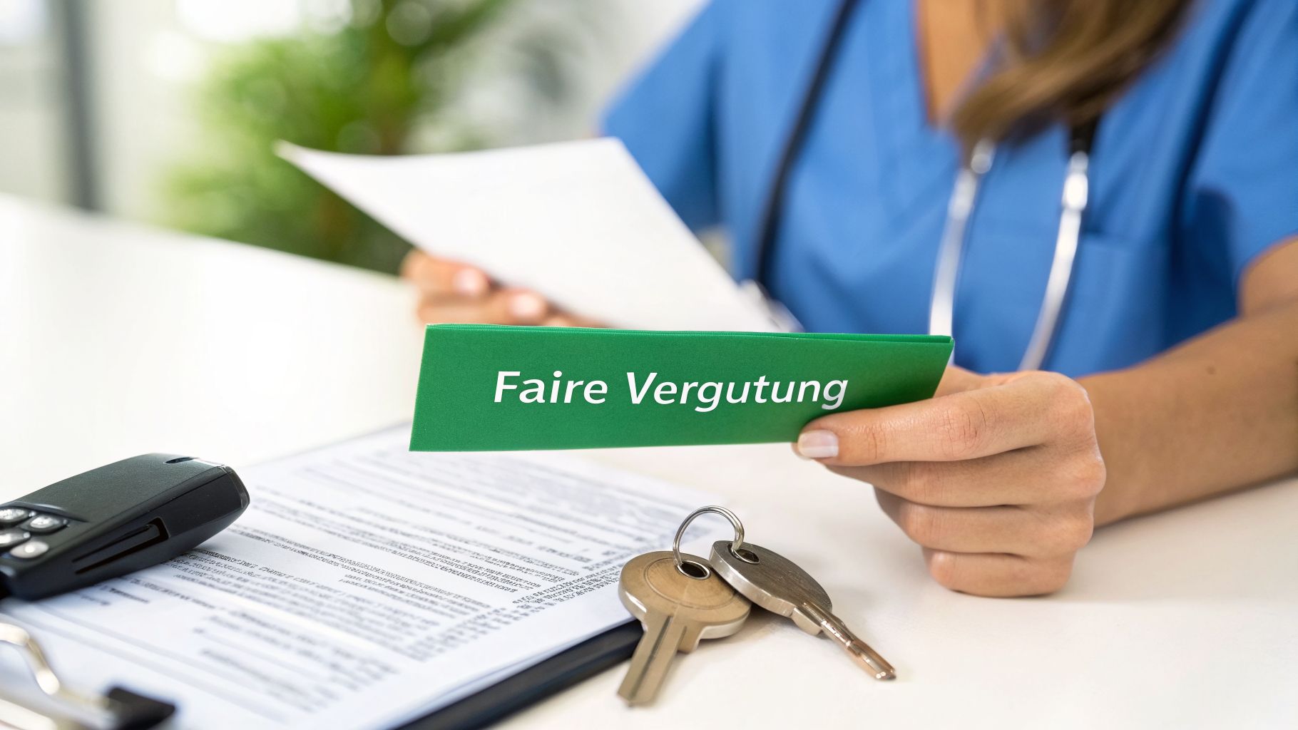 Hand einer Pflegekraft hält grüne Karte mit 'Faire Vergütung'; Schlüssel und Papiere auf dem Tisch.