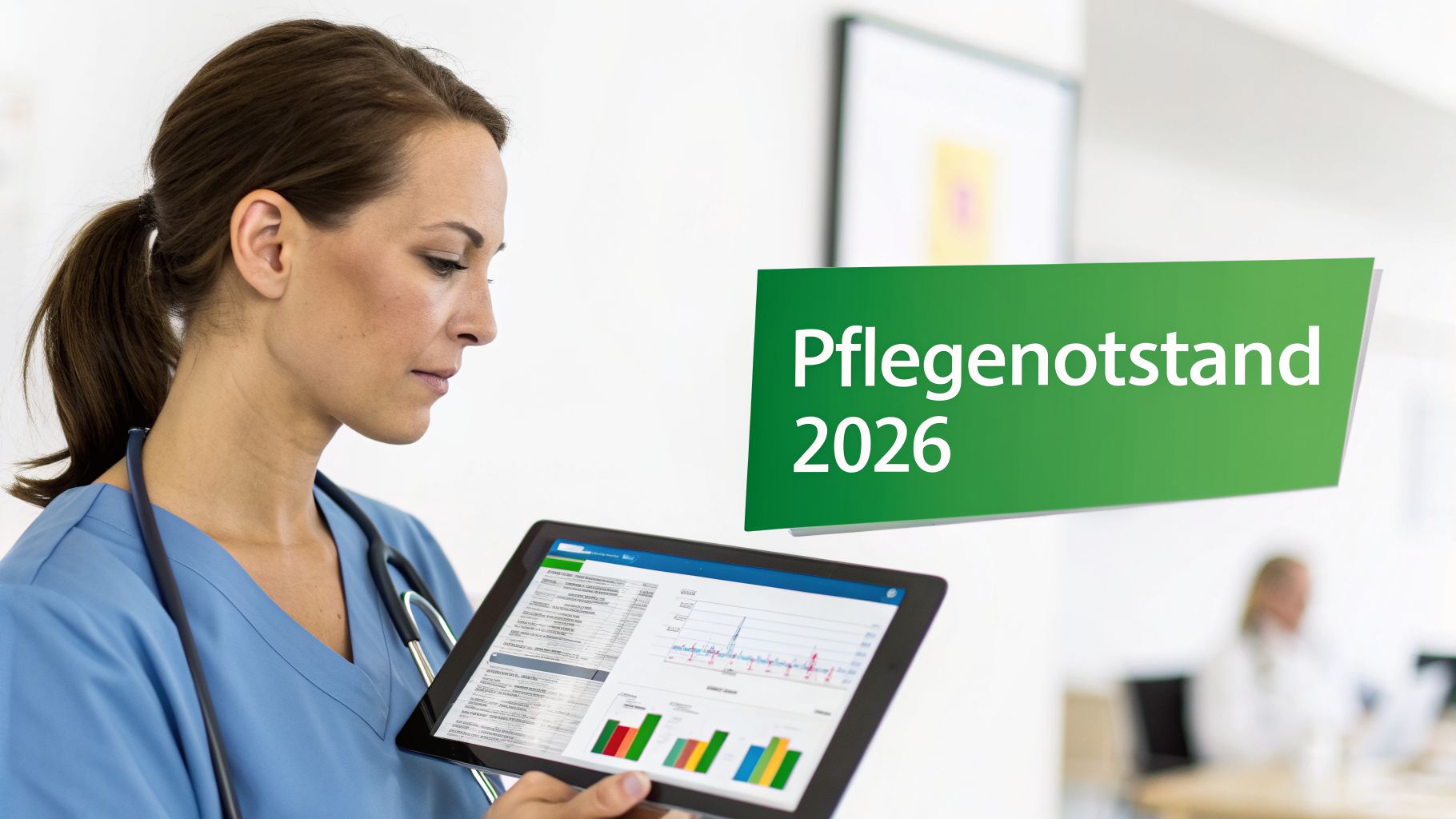 Krankenschwester betrachtet Daten auf einem Tablet, daneben ein Banner mit "Pflegenotstand 2026".