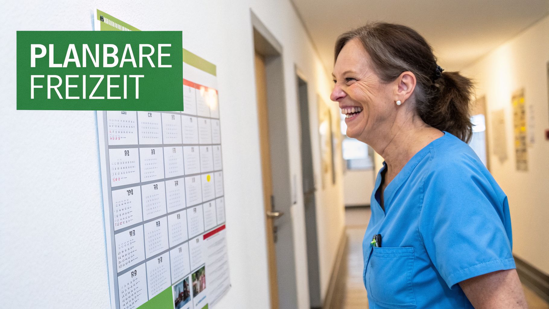 Glückliche Krankenschwester in blauer Uniform schaut lächelnd auf einen Kalender mit dem Text "PLANBARE FREIZEIT".