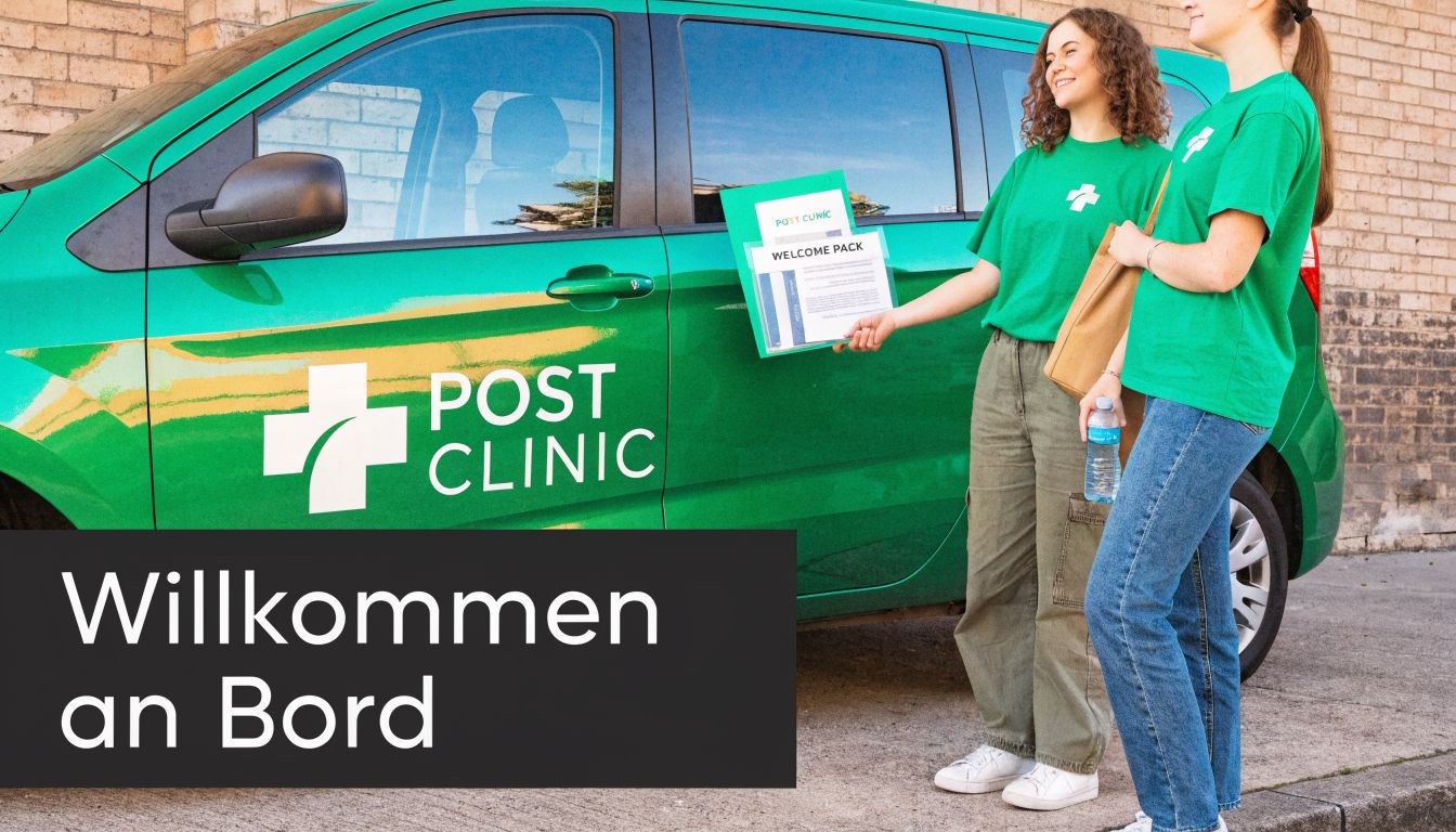 Zwei freundliche Pflegefachkräfte vor einem grünen Post Clinic Firmenwagen begrüßen neue Mitarbeiter mit einem Willkommenspaket.