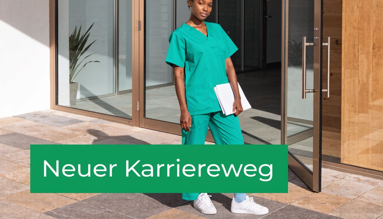 Eine professionelle Pflegefachkraft in grüner Arbeitskleidung steht vor einem modernen Bürogebäude und hält wichtige Unterlagen in Händen.
