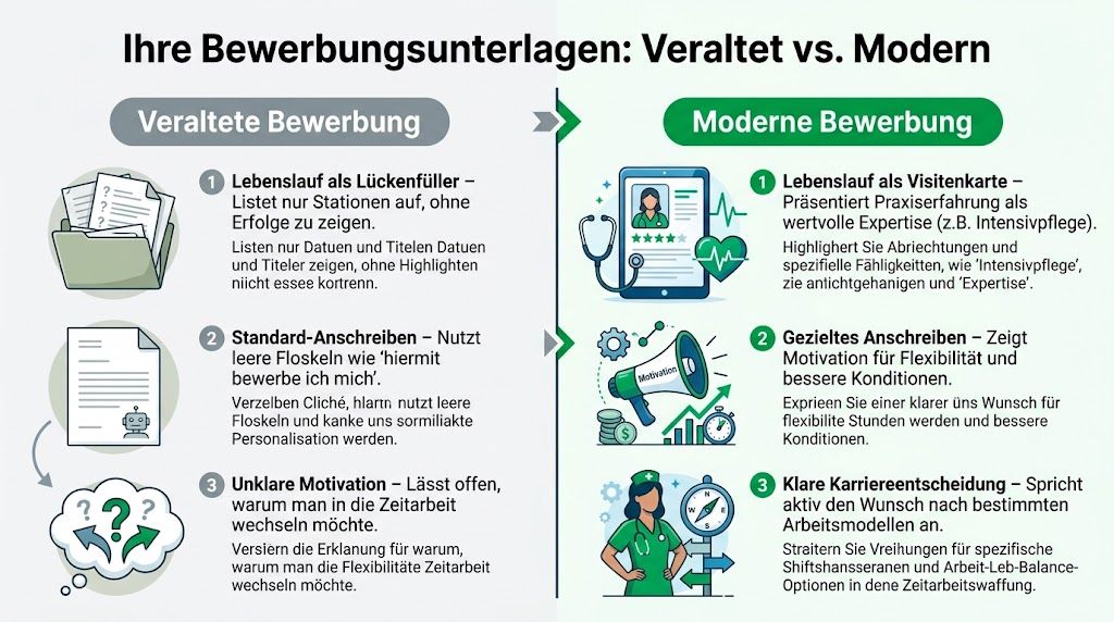 Vergleich zwischen einer veralteten und einer modernen Bewerbung für Pflegefachkräfte in der Zeitarbeit als informative Infografik.