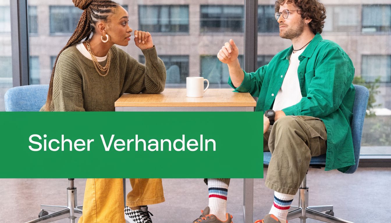 Eine Frau und ein Mann sitzen sich an einem Tisch in einem modernen Büro gegenüber und unterhalten sich.