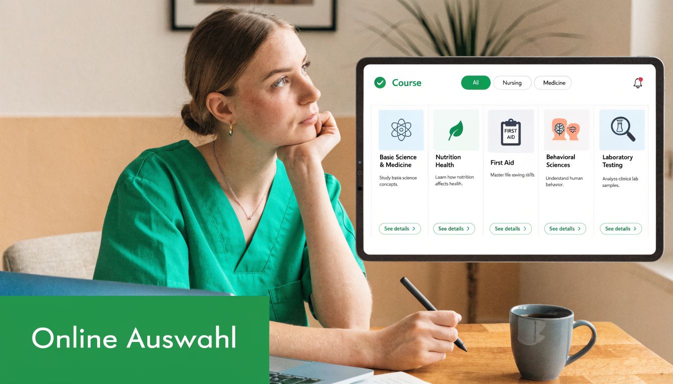 Eine Krankenschwester in grüner Kleidung sitzt vor einem Tablet und wählt Online-Kurse für ihre medizinische Fortbildung aus.